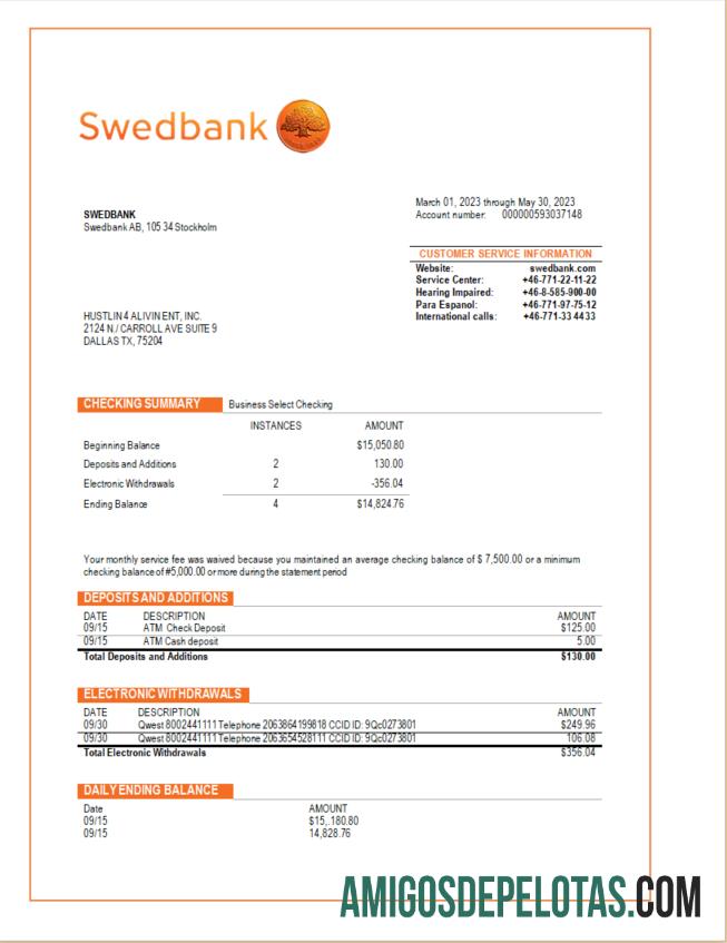 Baixável Swedbank Business Checking modelo de extrato de conta Word e PDF